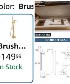 Alternative view of Free Standing Tub Faucet Brushed Gold, Floor Mount Freestanding Tub Faucets, Brass Stand Alone Tub Filler, Waterfall High Flow Bathtub Shower Mixer Tap