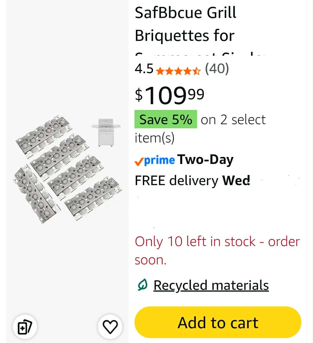 SafBbcue Grill Briquettes for Summerset Sizzler Grill Parts RCS 26" 32" 40" Grill Replacement Parts Turbo Captn Cook CG3CKWN CG4CKW Flame Tamer (5-Pcs) - Image 2