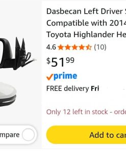Alternative view of Left Driver Side Mirror Compatible with 2014-2019 Toyota Highlander Heated Power Adjustable Glass Manual Fold Turn Signal Light Painted White 6 PINS Replaces# 87940-0E130 TO1320317 (W/o BSD)