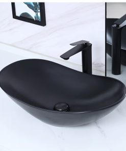 24.5'' X 13.8'' Large Matte Black Oval Vessel Sink with Pop Up Drain,Boat Shape Bathroom Vessel Sink,Bathroom Sinks Above Counter,Matte Black Ceramic Vessel Sinks for Bathrooms (Large)