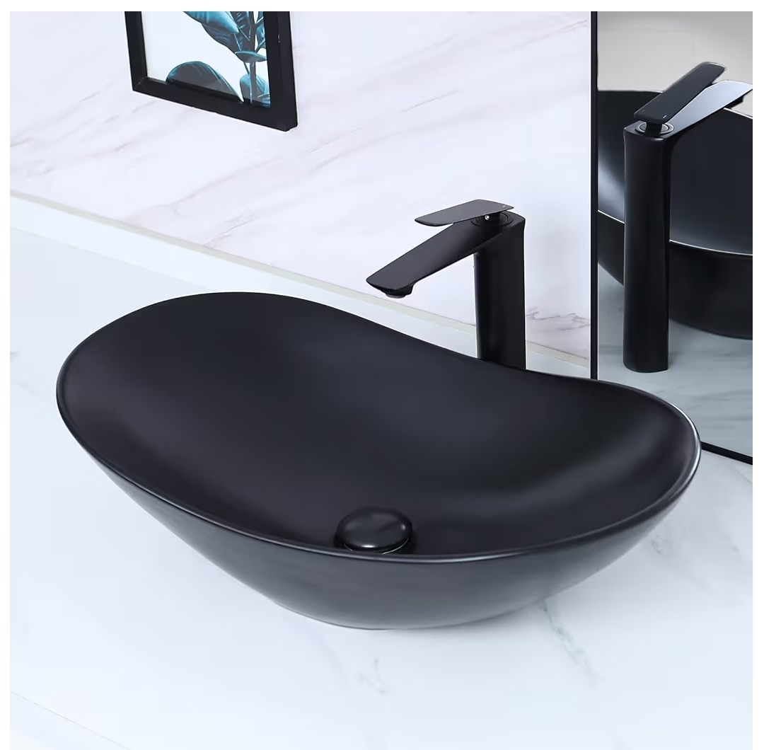 24.5'' X 13.8'' Large Matte Black Oval Vessel Sink with Pop Up Drain,Boat Shape Bathroom Vessel Sink,Bathroom Sinks Above Counter,Matte Black Ceramic Vessel Sinks for Bathrooms (Large)