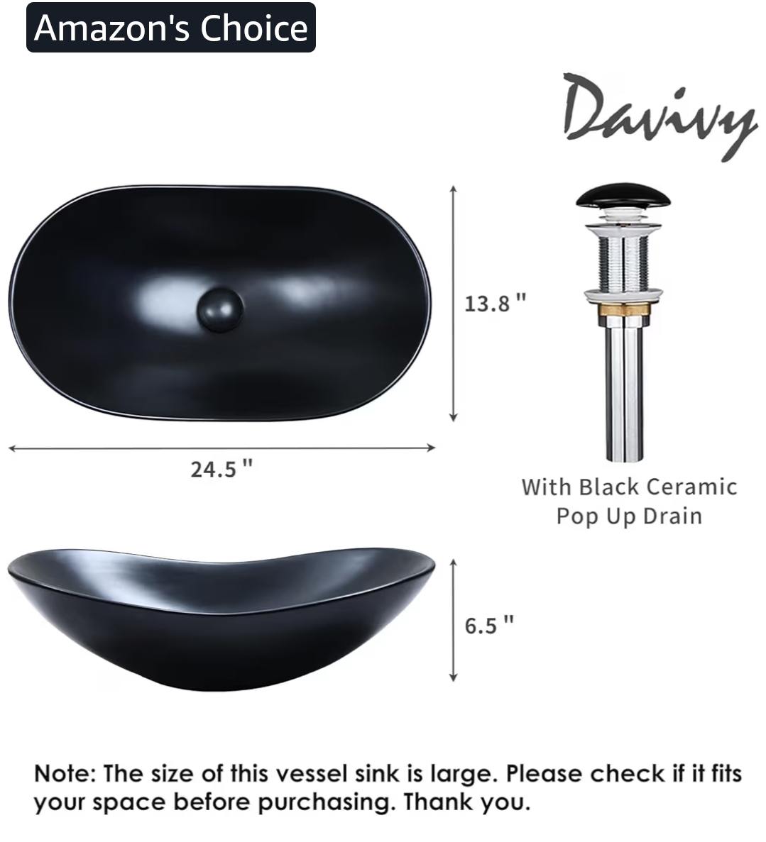 24.5'' X 13.8'' Large Matte Black Oval Vessel Sink with Pop Up Drain,Boat Shape Bathroom Vessel Sink,Bathroom Sinks Above Counter,Matte Black Ceramic Vessel Sinks for Bathrooms (Large) - Image 4