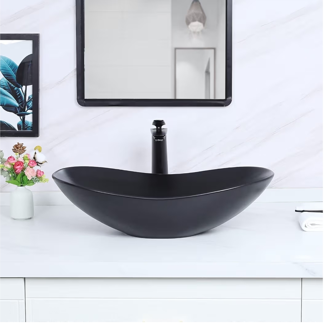 24.5'' X 13.8'' Large Matte Black Oval Vessel Sink with Pop Up Drain,Boat Shape Bathroom Vessel Sink,Bathroom Sinks Above Counter,Matte Black Ceramic Vessel Sinks for Bathrooms (Large) - Image 5