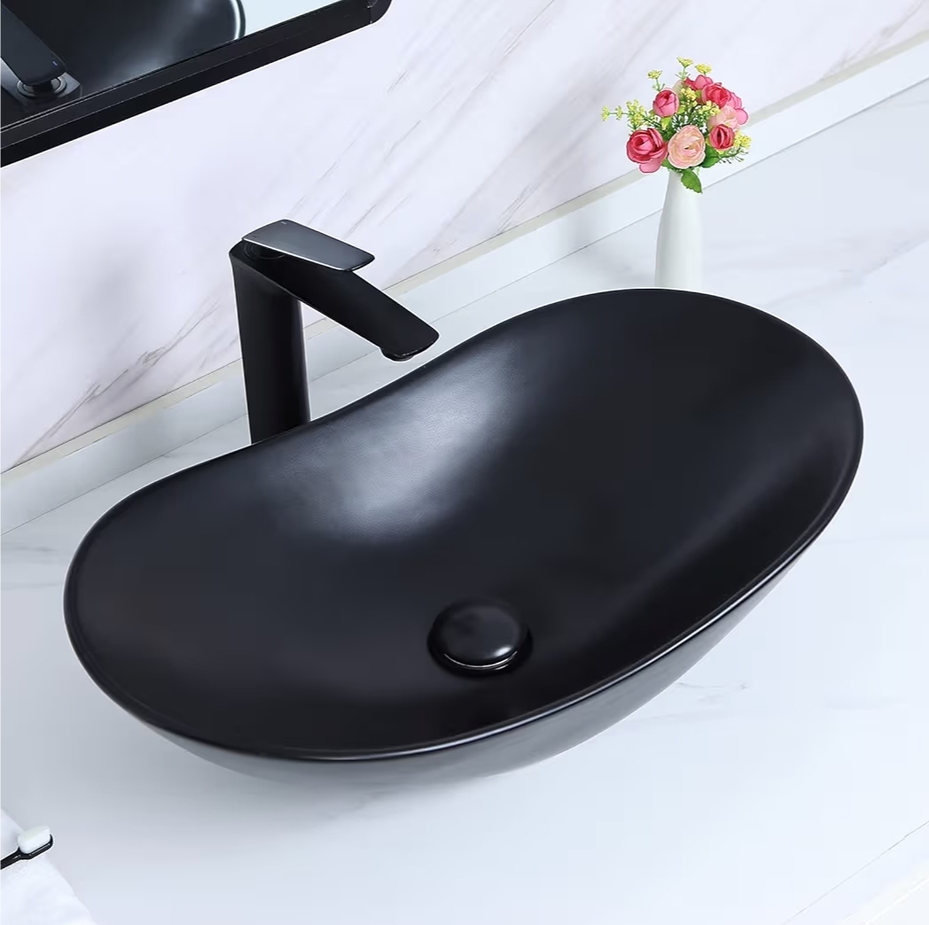 24.5'' X 13.8'' Large Matte Black Oval Vessel Sink with Pop Up Drain,Boat Shape Bathroom Vessel Sink,Bathroom Sinks Above Counter,Matte Black Ceramic Vessel Sinks for Bathrooms (Large) - Image 6