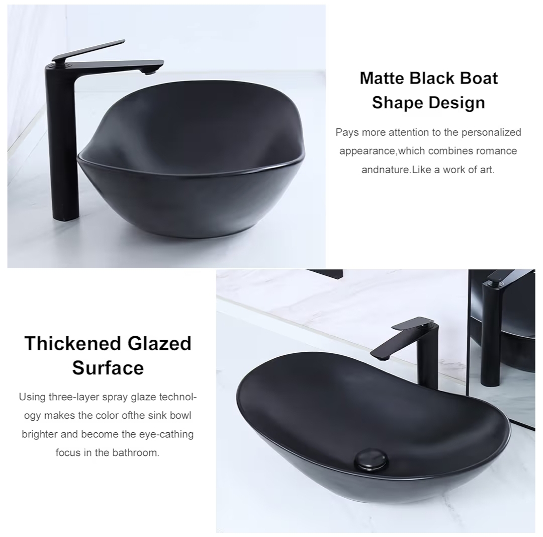 24.5'' X 13.8'' Large Matte Black Oval Vessel Sink with Pop Up Drain,Boat Shape Bathroom Vessel Sink,Bathroom Sinks Above Counter,Matte Black Ceramic Vessel Sinks for Bathrooms (Large) - Image 7