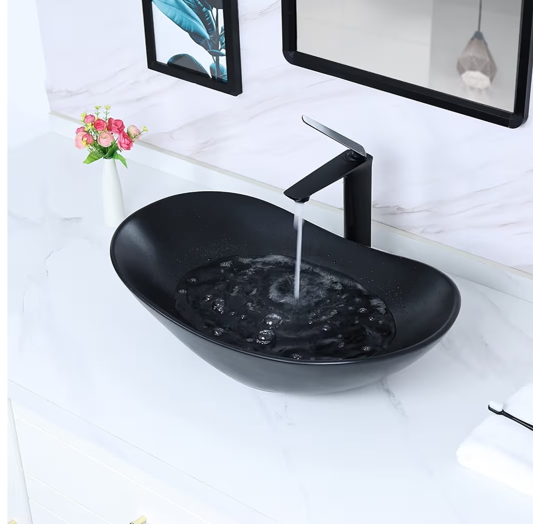 24.5'' X 13.8'' Large Matte Black Oval Vessel Sink with Pop Up Drain,Boat Shape Bathroom Vessel Sink,Bathroom Sinks Above Counter,Matte Black Ceramic Vessel Sinks for Bathrooms (Large) - Image 8
