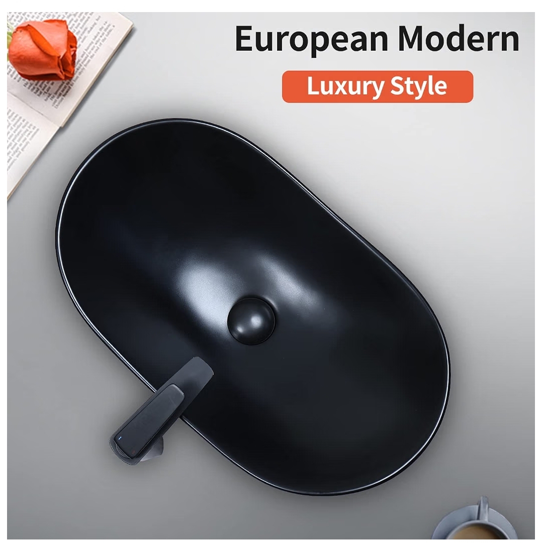 24.5'' X 13.8'' Large Matte Black Oval Vessel Sink with Pop Up Drain,Boat Shape Bathroom Vessel Sink,Bathroom Sinks Above Counter,Matte Black Ceramic Vessel Sinks for Bathrooms (Large) - Image 10