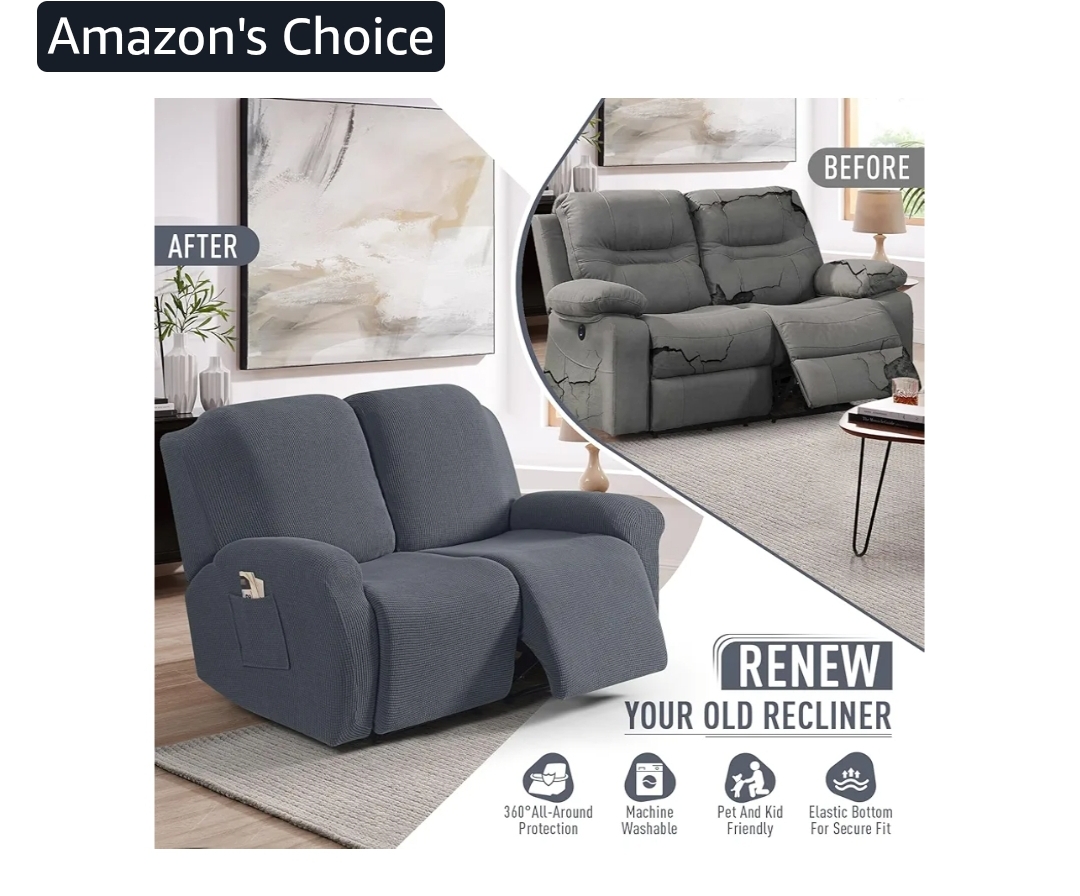 New Recliner Loveseat Slipcover, 6 Pieces Dual Recliner Sofa Covers for 2 Seat Dual Reclining Loveseat Couch, Stretch Soft Jacquard Pattern Furniture Protector with Elasticity (2XL, Grey) - Image 7