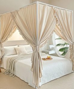 Princess Canopy Bed Curtains with Top Ties - Windproof & Lightproof for Girls' Adult Bedroom Decor | Bed Canopy Drapes (Full, Khaki)