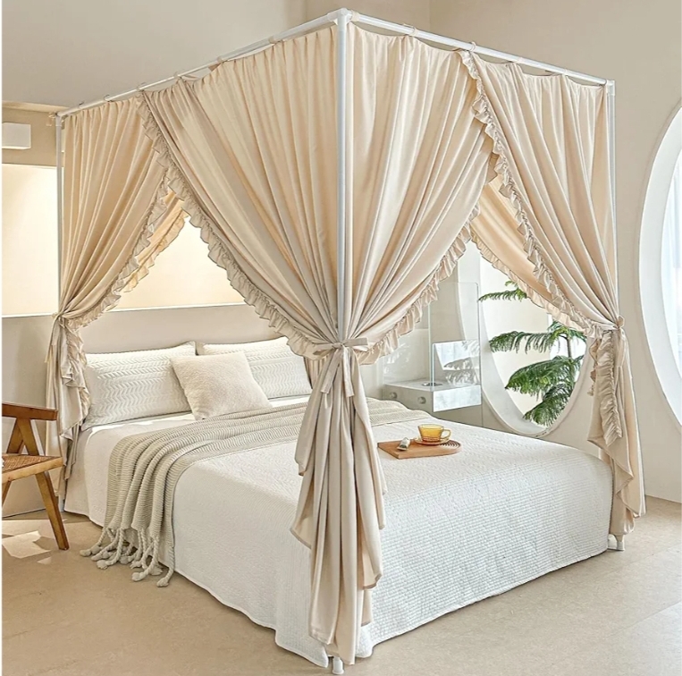 Princess Canopy Bed Curtains with Top Ties - Windproof & Lightproof for Girls' Adult Bedroom Decor | Bed Canopy Drapes (Full, Khaki)