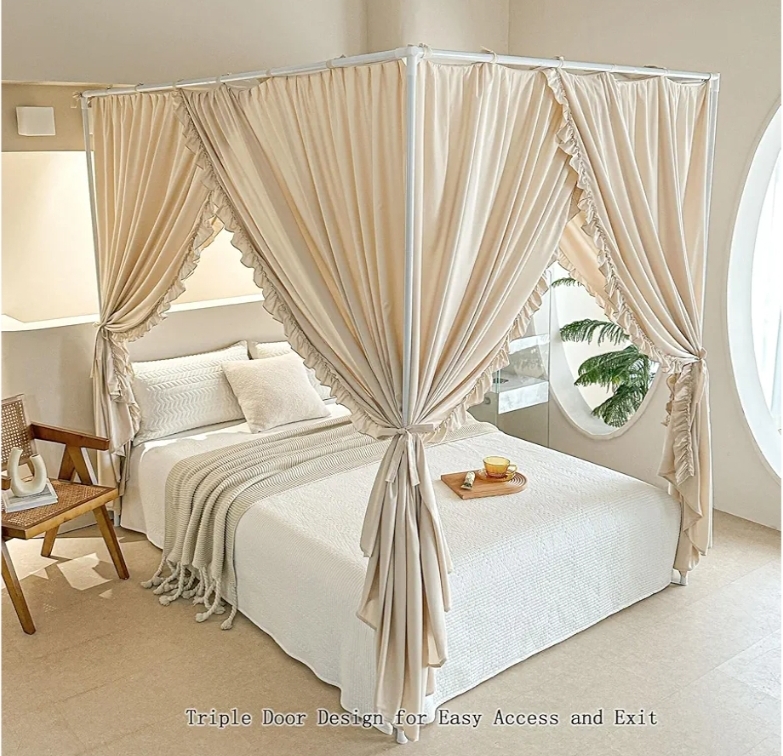 Princess Canopy Bed Curtains with Top Ties - Windproof & Lightproof for Girls' Adult Bedroom Decor | Bed Canopy Drapes (Full, Khaki) - Image 5