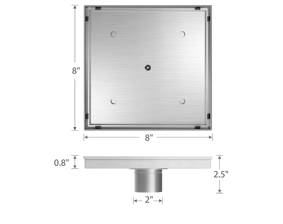 8 Inch Square Shower Drain with Removable Tile Insert Grate, Brushed 304 Stainless Steel Square Shower Floor Drain, Includes Hair Strainer, CUPC Certified - Image 4