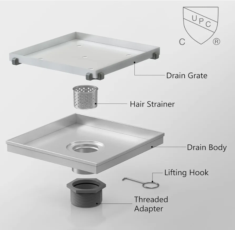 8 Inch Square Shower Drain with Removable Tile Insert Grate, Brushed 304 Stainless Steel Square Shower Floor Drain, Includes Hair Strainer, CUPC Certified - Image 5