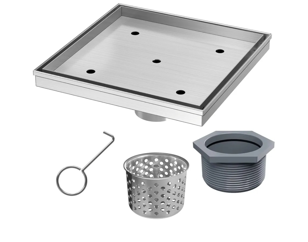 8 Inch Square Shower Drain with Removable Tile Insert Grate, Brushed 304 Stainless Steel Square Shower Floor Drain, Includes Hair Strainer, CUPC Certified - Image 8