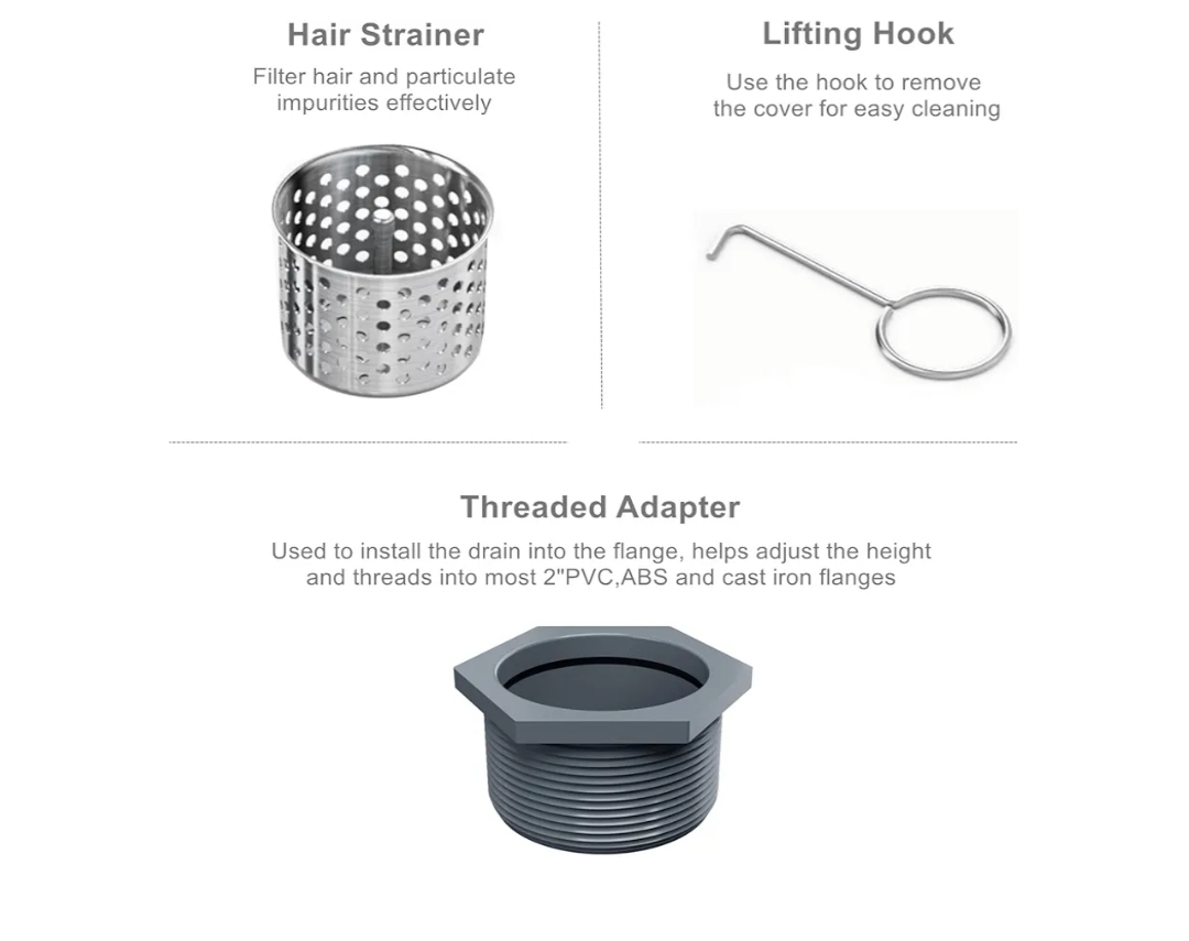 8 Inch Square Shower Drain with Removable Tile Insert Grate, Brushed 304 Stainless Steel Square Shower Floor Drain, Includes Hair Strainer, CUPC Certified - Image 11