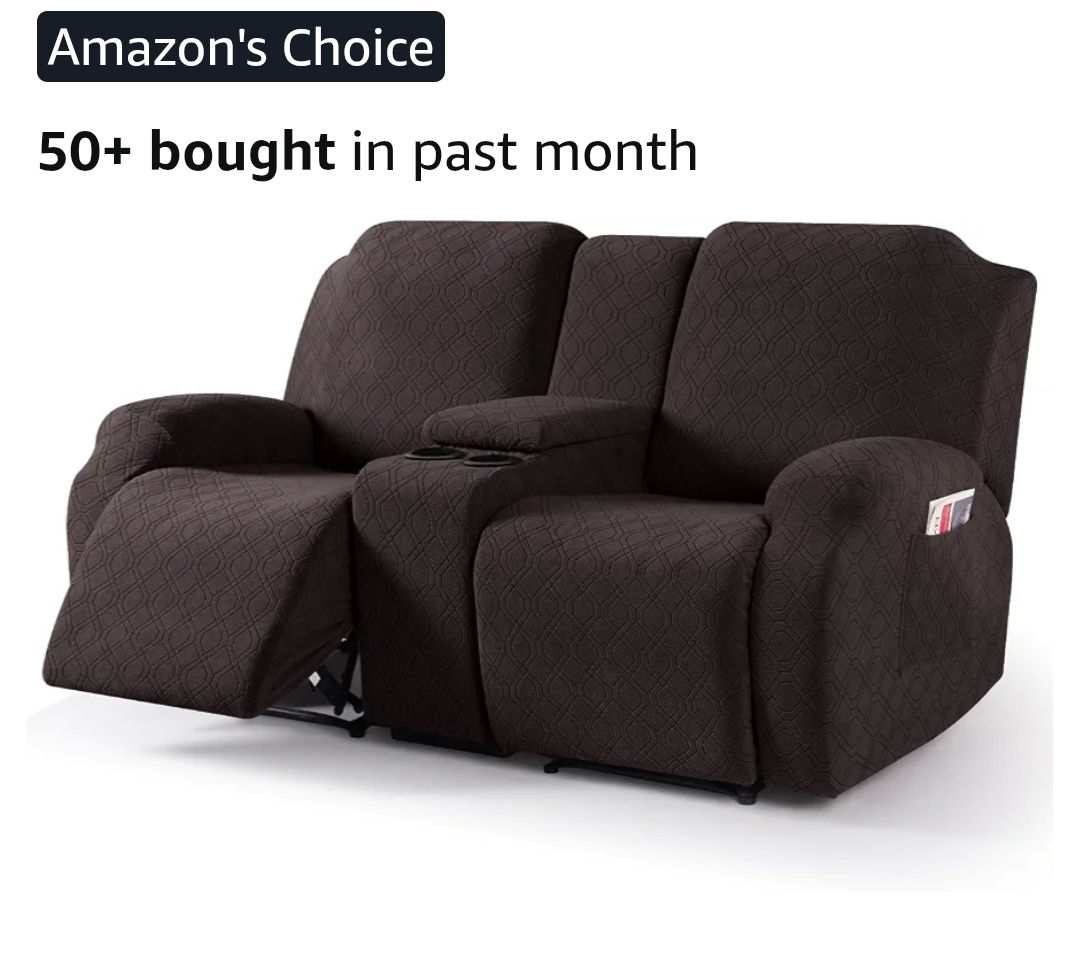 Recliner Loveseat Cover with Middle Console Stretch Reclining Sofa Slipcover for 2 Seat Jacquard Reclining Couch Sofa Covers Furniture Protector with Elastic Straps Bottom (Chocolate)