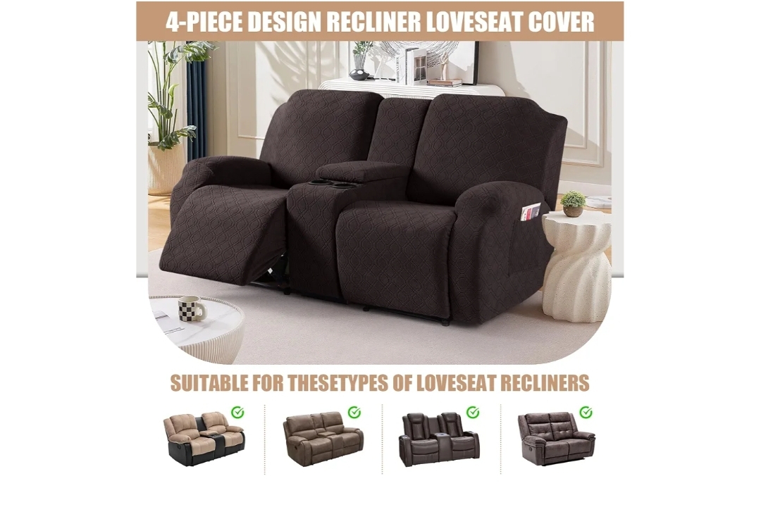 Recliner Loveseat Cover with Middle Console Stretch Reclining Sofa Slipcover for 2 Seat Jacquard Reclining Couch Sofa Covers Furniture Protector with Elastic Straps Bottom (Chocolate) - Image 3