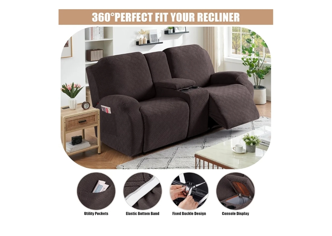 Recliner Loveseat Cover with Middle Console Stretch Reclining Sofa Slipcover for 2 Seat Jacquard Reclining Couch Sofa Covers Furniture Protector with Elastic Straps Bottom (Chocolate) - Image 6