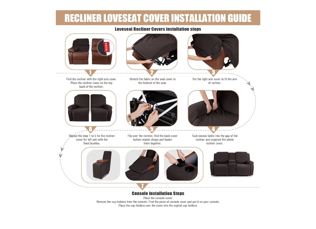 Recliner Loveseat Cover with Middle Console Stretch Reclining Sofa Slipcover for 2 Seat Jacquard Reclining Couch Sofa Covers Furniture Protector with Elastic Straps Bottom (Chocolate) - Image 7