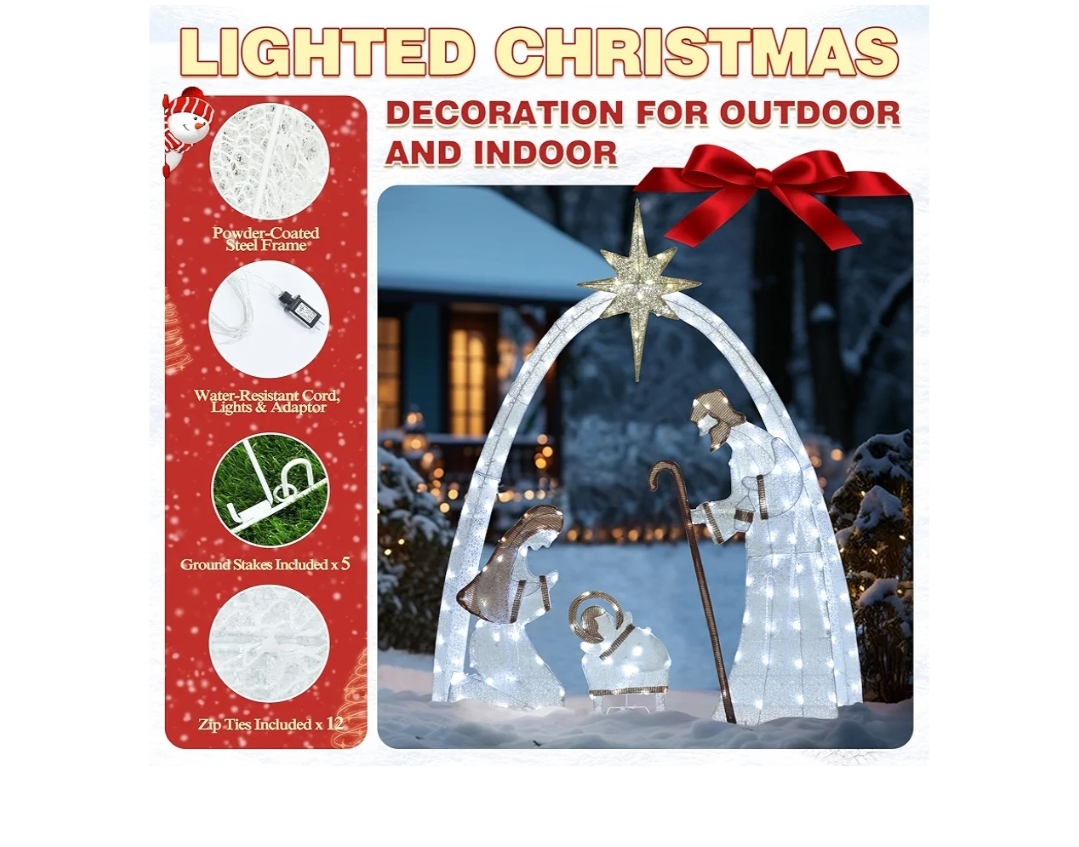 5FT Lighted Nativity Scene Set with 150 LED Lights for Christmas Decoration, Pre-Lit Iridescent Nativity Scene Xmas Decor, 3D Glittered Standing Holiday Display for Outdoor, Indoor, White - Image 5