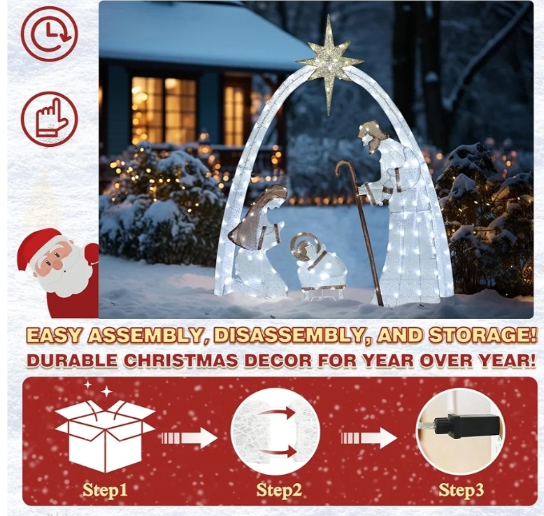5FT Lighted Nativity Scene Set with 150 LED Lights for Christmas Decoration, Pre-Lit Iridescent Nativity Scene Xmas Decor, 3D Glittered Standing Holiday Display for Outdoor, Indoor, White - Image 8