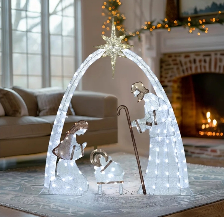 5FT Lighted Nativity Scene Set with 150 LED Lights for Christmas Decoration, Pre-Lit Iridescent Nativity Scene Xmas Decor, 3D Glittered Standing Holiday Display for Outdoor, Indoor, White - Image 7