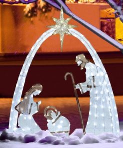 5FT Lighted Nativity Scene Set with 150 LED Lights for Christmas Decoration, Pre-Lit Iridescent Nativity Scene Xmas Decor, 3D Glittered Standing Holiday Display for Outdoor, Indoor, White