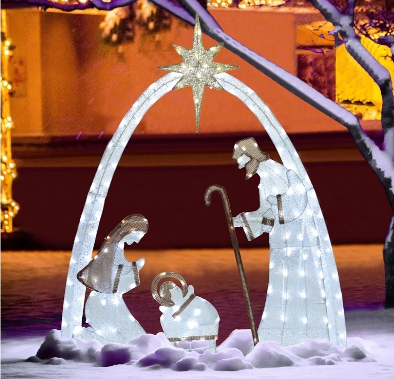 5FT Lighted Nativity Scene Set with 150 LED Lights for Christmas Decoration, Pre-Lit Iridescent Nativity Scene Xmas Decor, 3D Glittered Standing Holiday Display for Outdoor, Indoor, White