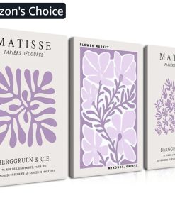 Framed Purple Matisse Wall Art Set of 3, Abstract Henri Matisse Canvas Wall Decor Paintings, Light Purple Flower Market Room Aesthetic Posters Prints for Living Room Bedroom Bathroom 12x16 In   