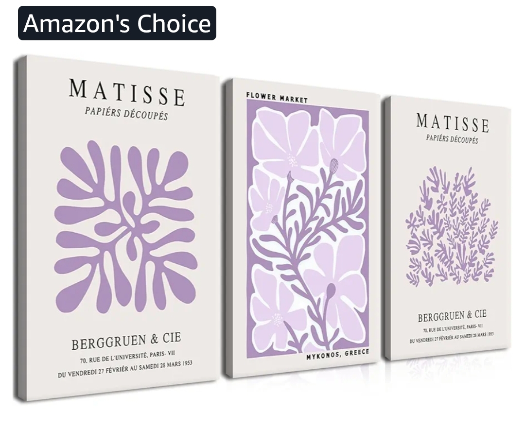 Framed Purple Matisse Wall Art Set of 3, Abstract Henri Matisse Canvas Wall Decor Paintings, Light Purple Flower Market Room Aesthetic Posters Prints for Living Room Bedroom Bathroom 12x16 In