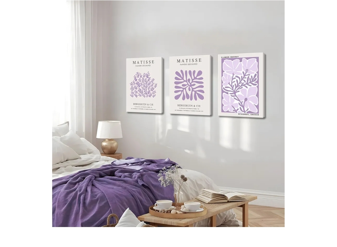 Framed Purple Matisse Wall Art Set of 3, Abstract Henri Matisse Canvas Wall Decor Paintings, Light Purple Flower Market Room Aesthetic Posters Prints for Living Room Bedroom Bathroom 12x16 In - Image 12