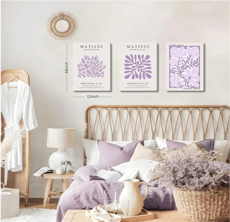 Framed Purple Matisse Wall Art Set of 3, Abstract Henri Matisse Canvas Wall Decor Paintings, Light Purple Flower Market Room Aesthetic Posters Prints for Living Room Bedroom Bathroom 12x16 In - Image 5