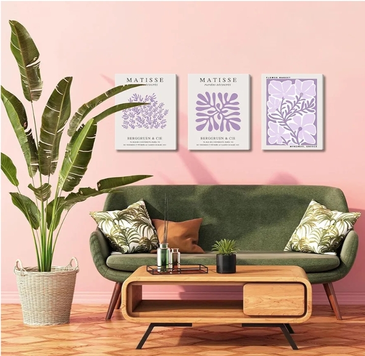 Framed Purple Matisse Wall Art Set of 3, Abstract Henri Matisse Canvas Wall Decor Paintings, Light Purple Flower Market Room Aesthetic Posters Prints for Living Room Bedroom Bathroom 12x16 In - Image 6
