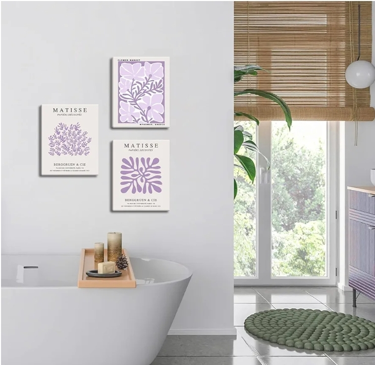 Framed Purple Matisse Wall Art Set of 3, Abstract Henri Matisse Canvas Wall Decor Paintings, Light Purple Flower Market Room Aesthetic Posters Prints for Living Room Bedroom Bathroom 12x16 In - Image 8