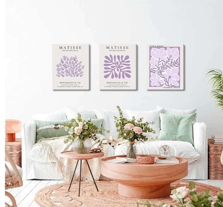 Framed Purple Matisse Wall Art Set of 3, Abstract Henri Matisse Canvas Wall Decor Paintings, Light Purple Flower Market Room Aesthetic Posters Prints for Living Room Bedroom Bathroom 12x16 In - Image 9