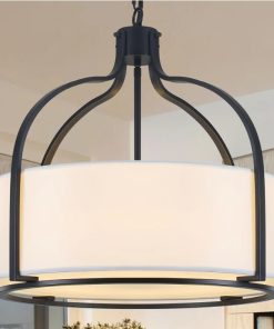 20.5'' Modern Black Drum Chandelier, 5-Light Large Farmhouse Chandeliers for Dining Room Hanging Light Fixture Drum Pendant Light with White Fabric Shade for Kitchen Living Room Foyer Entryway Bedroom