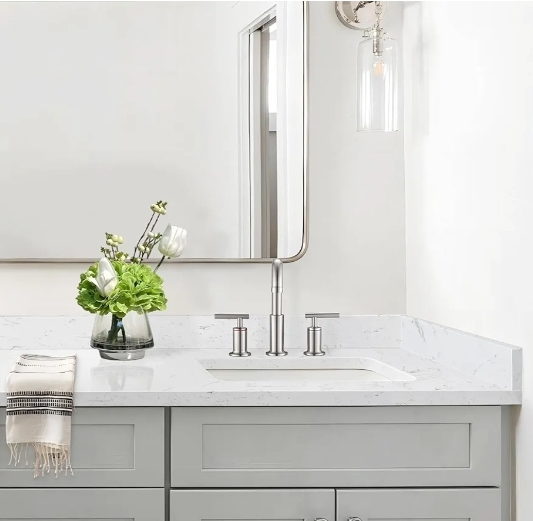 36 in. W x 4 in. H Engineered Stone Backsplash for Bathroom Vanity Sink Top in Carrara White - Image 3