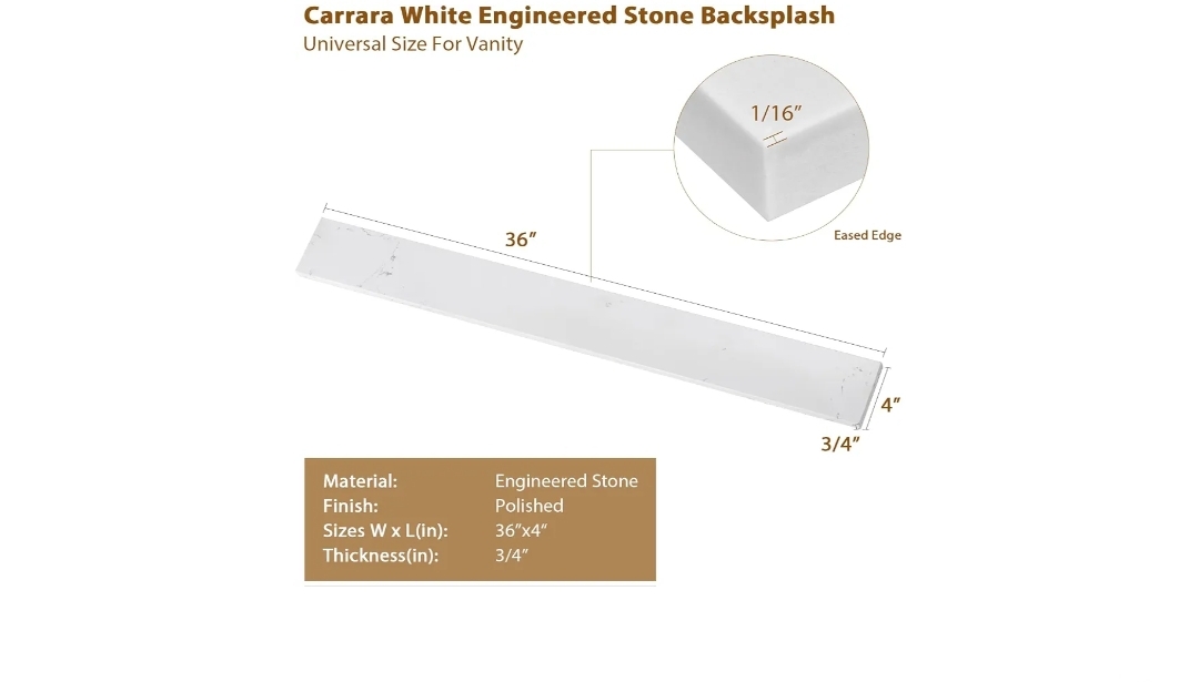 36 in. W x 4 in. H Engineered Stone Backsplash for Bathroom Vanity Sink Top in Carrara White - Image 8