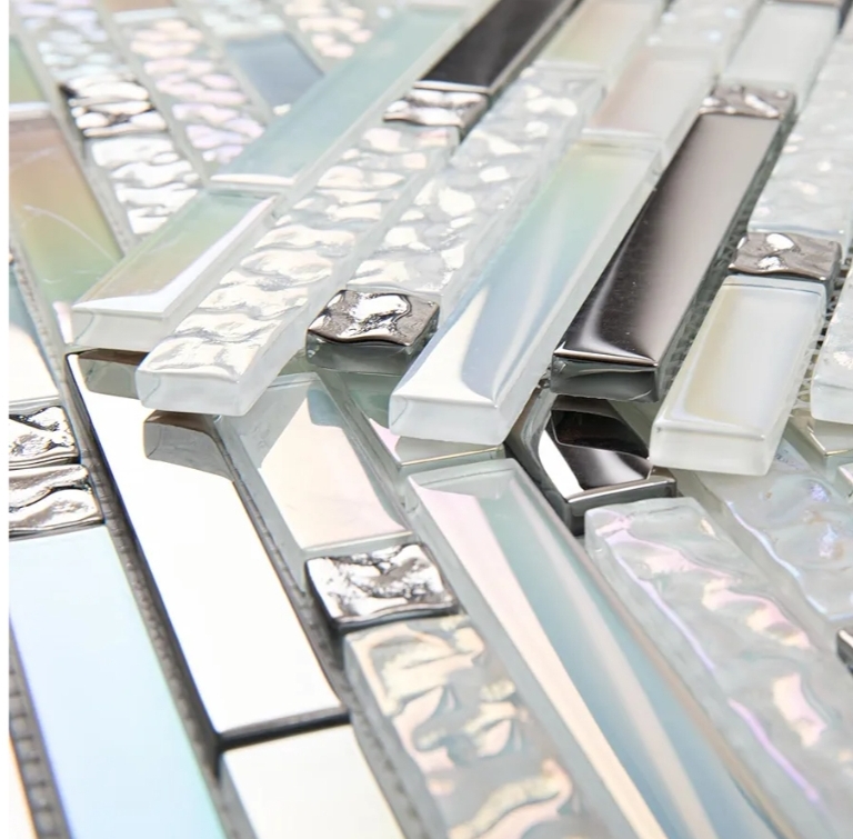 Glass Backsplash Tiles Mosaic Iridescent White 12 x 12 Inch for Kitchen Backsplash Bathroom Wall (5-Pack, 5 sq.ft.)