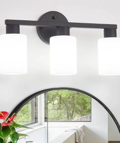 Bathroom Vanity 3 Light Modern Bathroom Light Fixtures Vanity Lights with Eye-Friendly Milky White Frosted Glass Shades E26 Socket Black