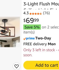 Alternative view of Farmhouse 3-Light Flush Mount Ceiling Light Fixture Rustic Metal and Wood Chandelier Retro Close to Ceiling Lighting