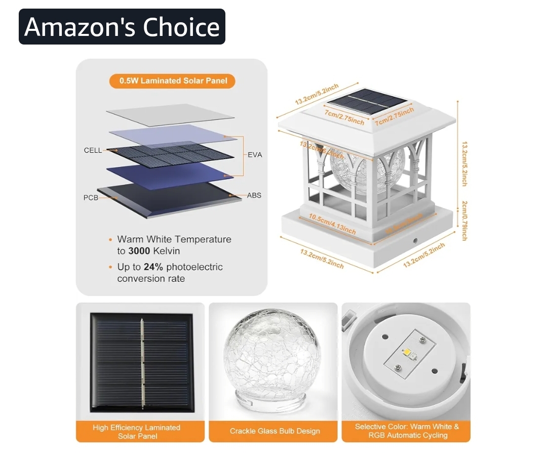 12pk Fence Post Solar Lights, Crackle Glass Solar Post Cap Lights, 20 Lumens, Warm White & RGB Automatic Cycling 2 Modes for 3.6x3.6 4x4 4.5x4.5 5x5 Vinyl Wooden Posts Decoration, White (12 Pack) - Image 8