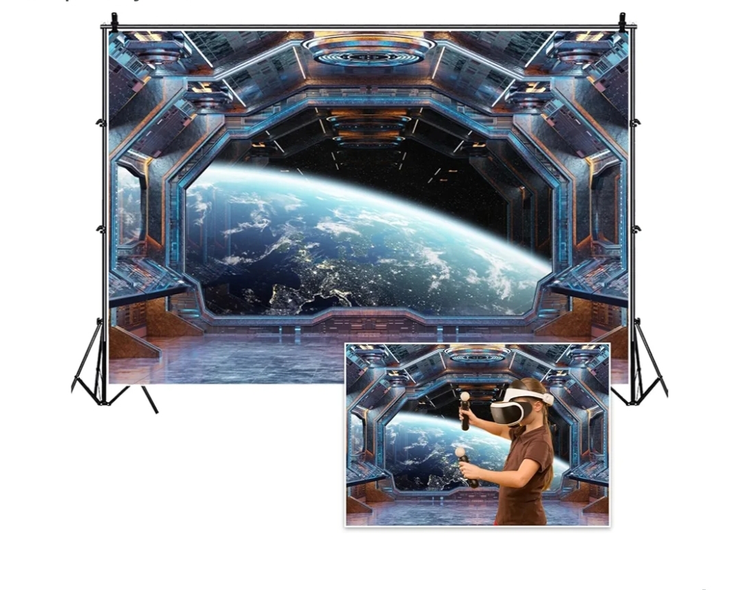 12x8ft Spaceship Interior Backdrop Planets Spacecraft Cabin Planet Futuristic Universe Galaxy Photography Background Birthday Party Space Expeditions Studio Photo Props Polyester
