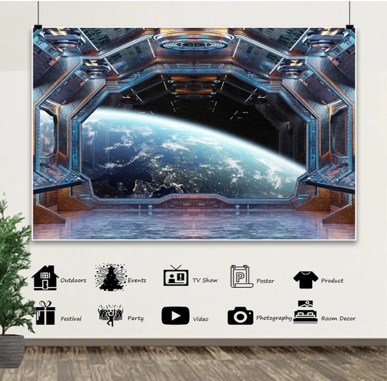 12x8ft Spaceship Interior Backdrop Planets Spacecraft Cabin Planet Futuristic Universe Galaxy Photography Background Birthday Party Space Expeditions Studio Photo Props Polyester - Image 6
