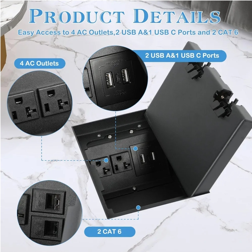 Recessed Flat Hidden Socket Kit Electrical Floor Box Power Strip Hidden Floor Waterproof Electrical Outlet Covcer Box with 3*USB, 4 * 20A Receptacle and 2*CAT6 Interfaces (Square 4 AC, Black) - Image 4