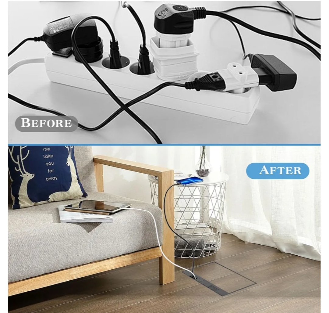 Recessed Flat Hidden Socket Kit Electrical Floor Box Power Strip Hidden Floor Waterproof Electrical Outlet Covcer Box with 3*USB, 4 * 20A Receptacle and 2*CAT6 Interfaces (Square 4 AC, Black) - Image 7