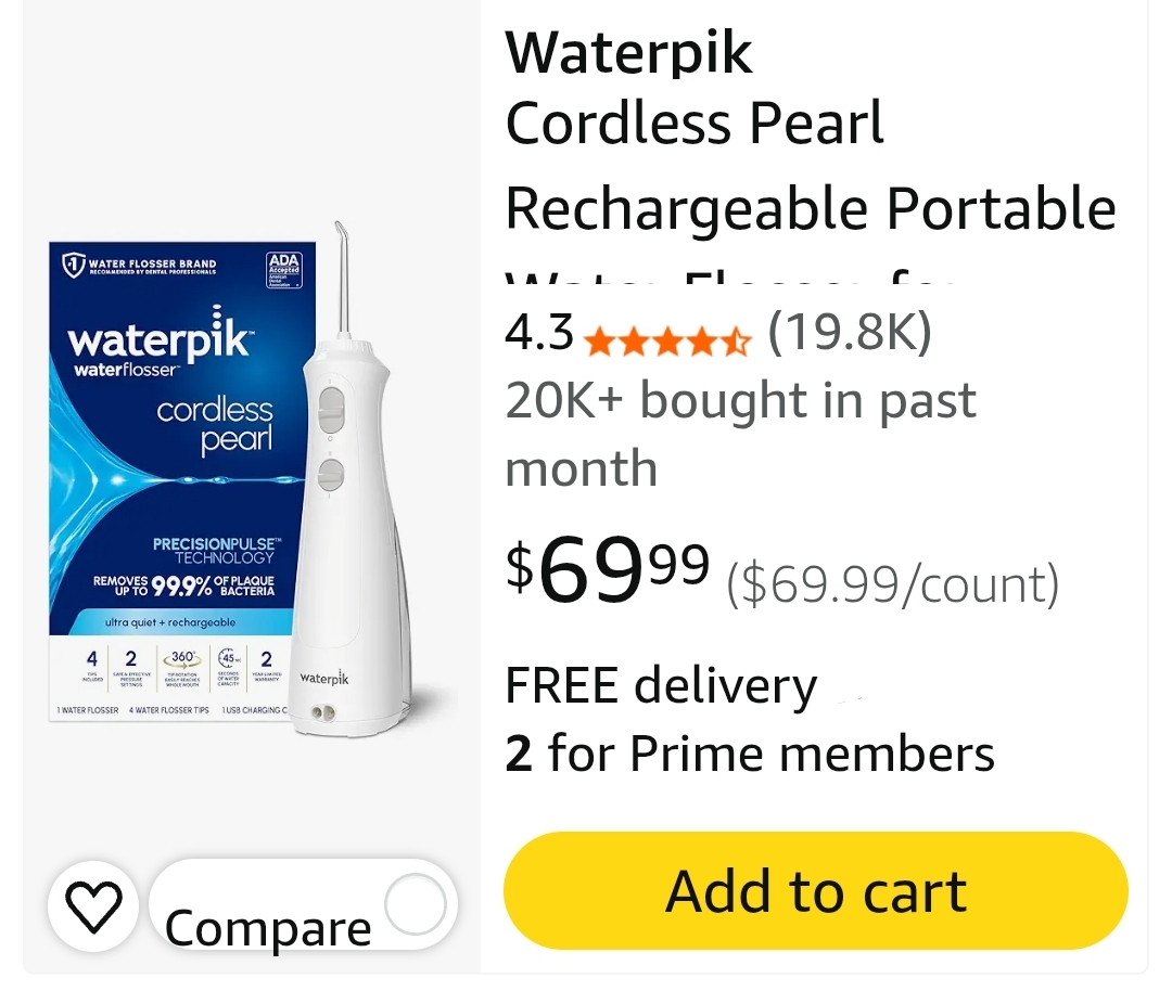 Waterpik Cordless Pulse Rechargeable Portable Water Flosser for Teeth, Gums, Braces Care and Travel with 2 Flossing Tips, Waterproof, ADA Accepted, WF-20 White, Packaging May Vary - Image 2