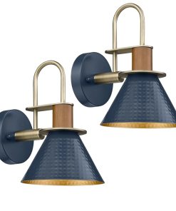 Rustic Wall Sconces Set of Two, HWH Indoor Wall Sconce 1-Light Barn Vanity Light, Hammered Barn Wall Lamp, Hammered Metal Shade, Navy Blue Finish, Set of 2