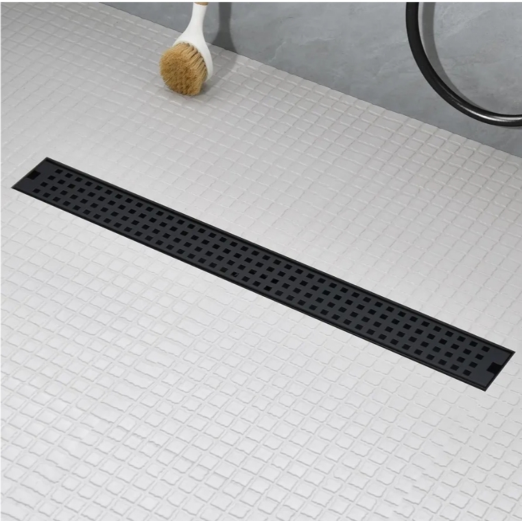 36 Inch Linear Shower Drain - Matte Black 304 Stainless Steel Rectangular Floor Drain with Adjustable Leveling Feet, Hair Strainer and Removable Grate