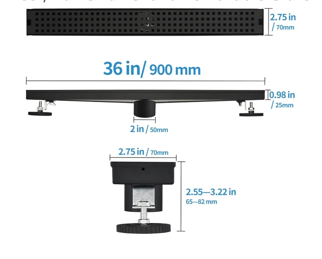 36 Inch Linear Shower Drain - Matte Black 304 Stainless Steel Rectangular Floor Drain with Adjustable Leveling Feet, Hair Strainer and Removable Grate - Image 4